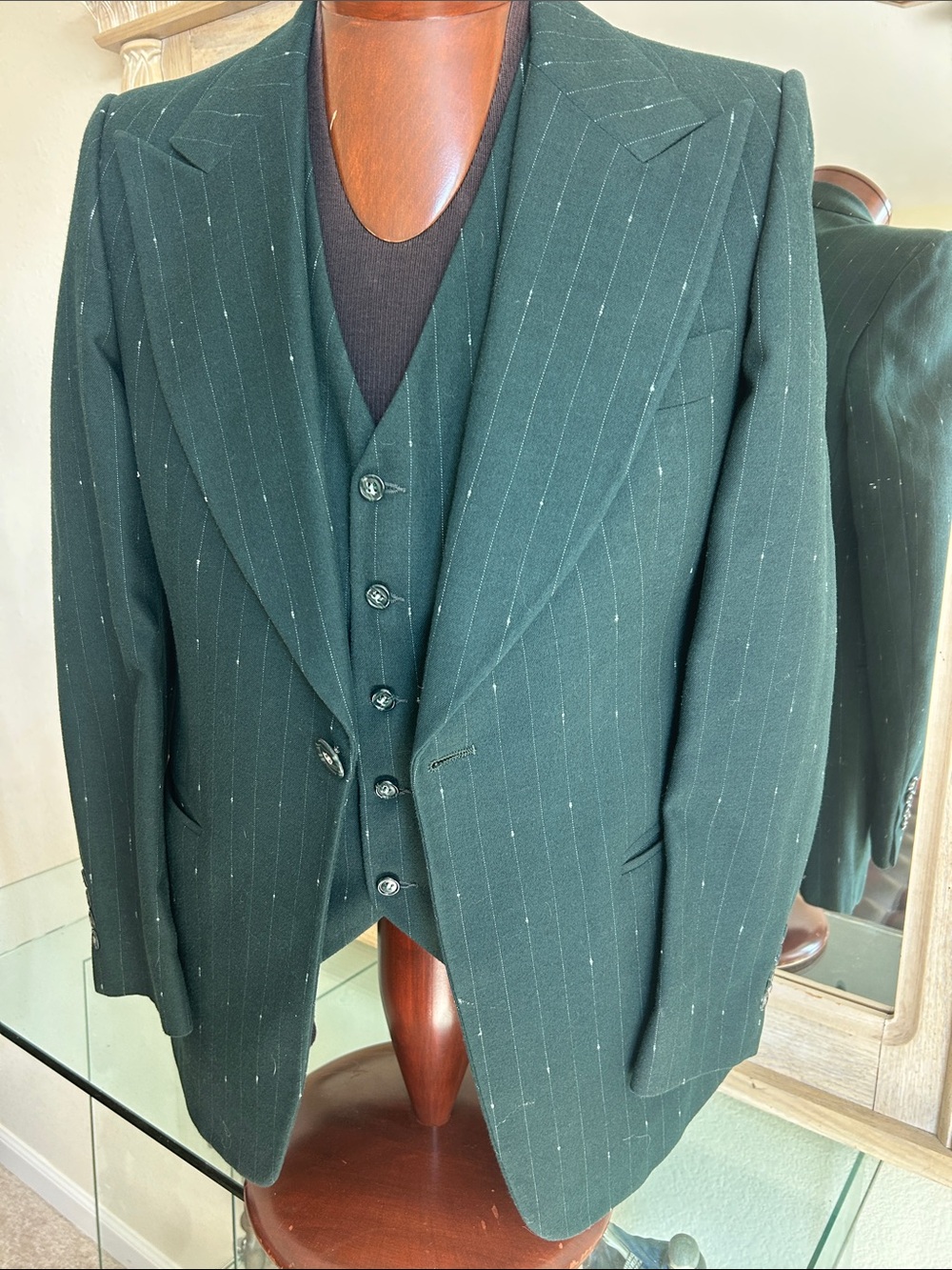 Men's Dark Green Pinstripe Three-Piece Suit - Tailored Blazer & Vest